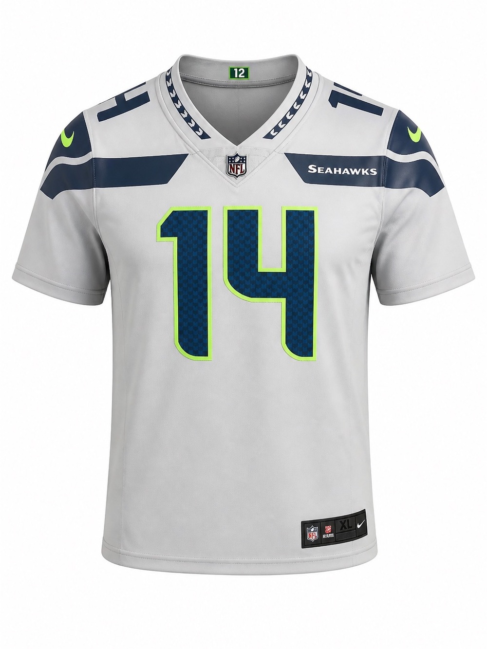 NWT NFL Seahawks #14 METCALF Jersey-Gray with Navy & Neon Green Accents NWT XL